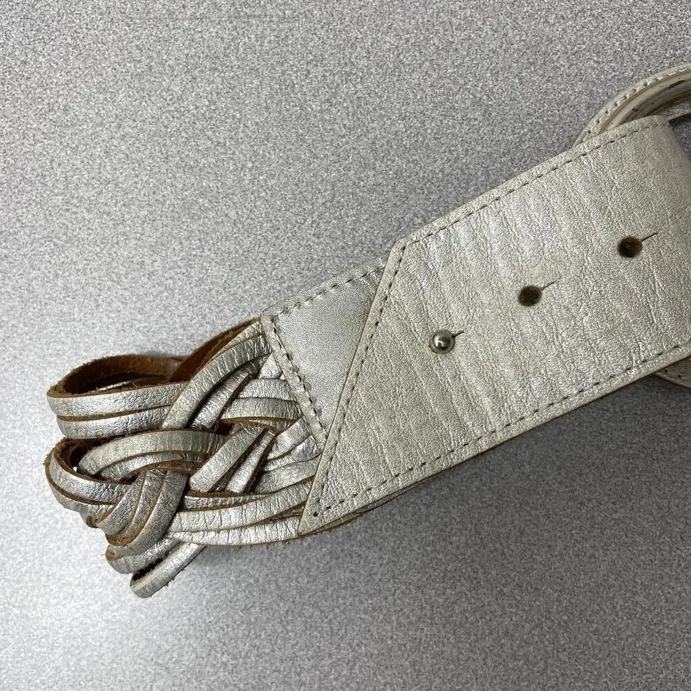 Chicos Woven Leather Belt Womens Small Metallic Silver D Ring Buckle Wide Boho